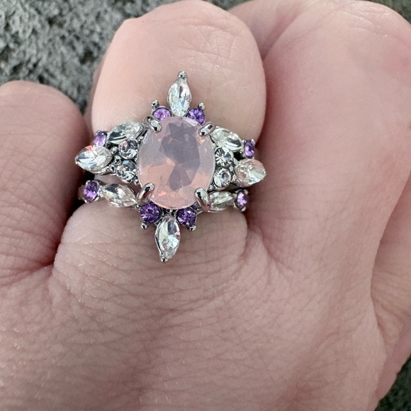 Jewelry - Silver-Tone Pink Oval Center Ring with Purple Accent Gems